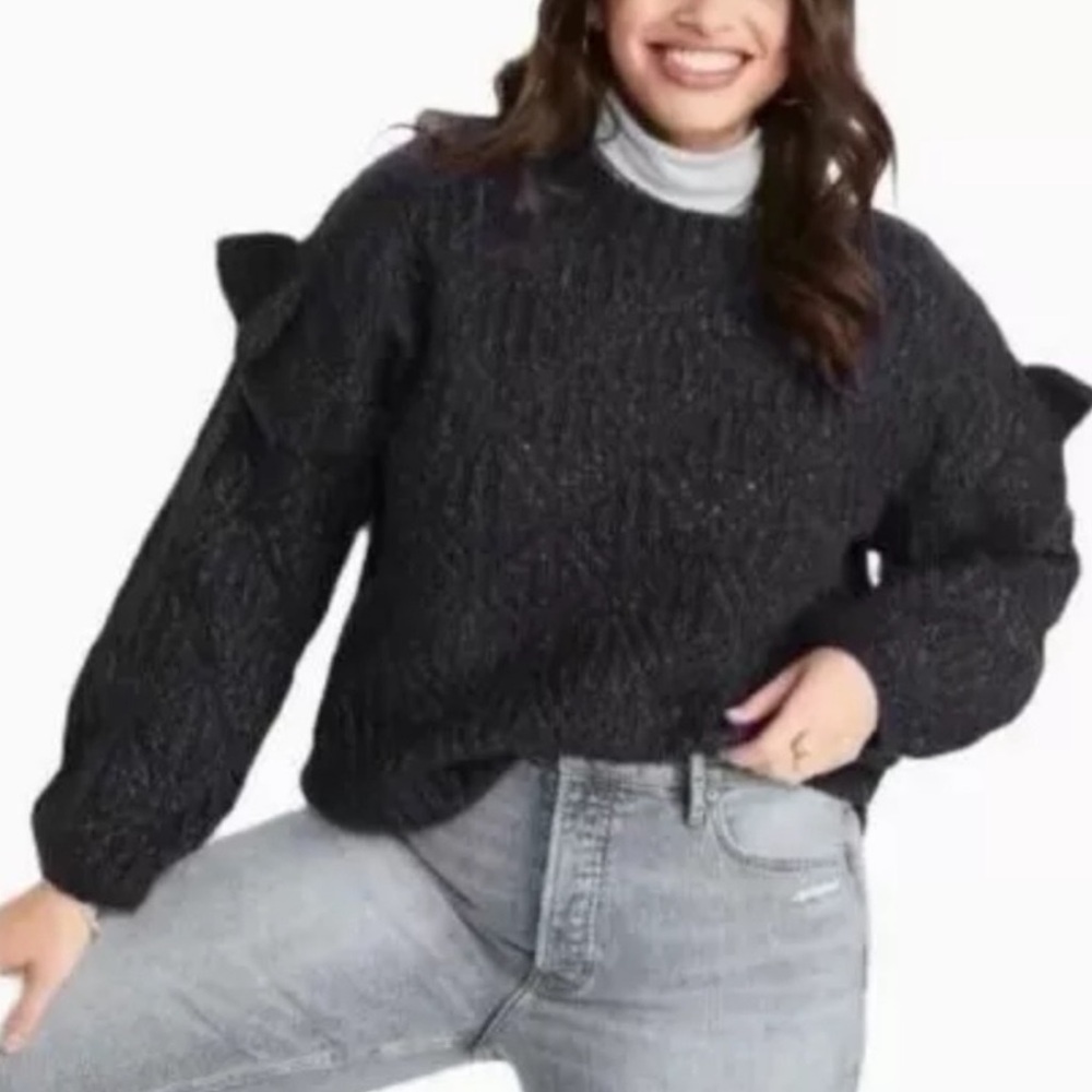 Old Navy Black & Silver Sparkle Ruffle Sleeve Pointelle Knit Sweater Size XXL